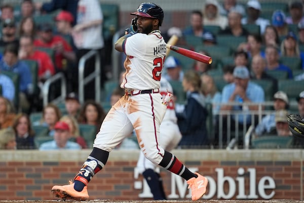 Atlanta Braves outfielder Michael Harris II (23) hits a single against the Los Angeles Dodgers in the third inning of a baseball game, Sunday, May 4, 2025, in Atlanta. (AP Photo/Mike Stewart)