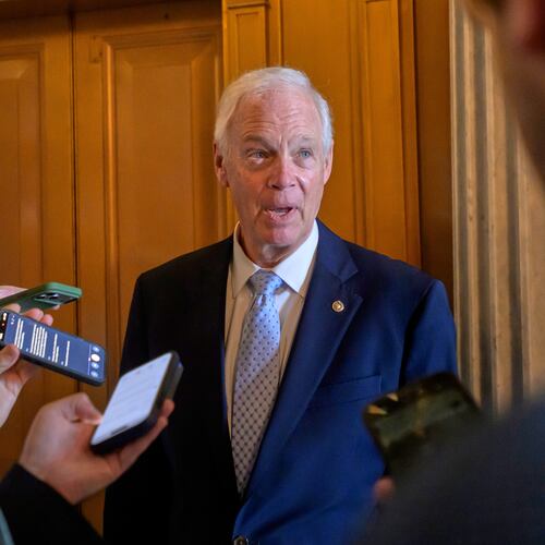 Sen. Ron Johnson, R-Wis., talks with reporters outside of the Senate chamber during a vote at the U.S. Capitol, Friday, August 7, 2026, in Washington. (AP Photo/Rod Lamkey, Jr.)