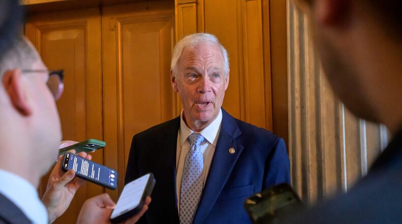 Sen. Ron Johnson, R-Wis., talks with reporters outside of the Senate chamber during a vote at the U.S. Capitol, Friday, August 7, 2026, in Washington. (AP Photo/Rod Lamkey, Jr.)