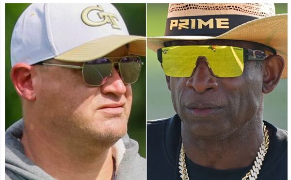 Georgia Tech coach Brent Key (left) and Colorado coach Deion Sanders. (Miguel Martinez/AJC and David Zalubowski/AP)