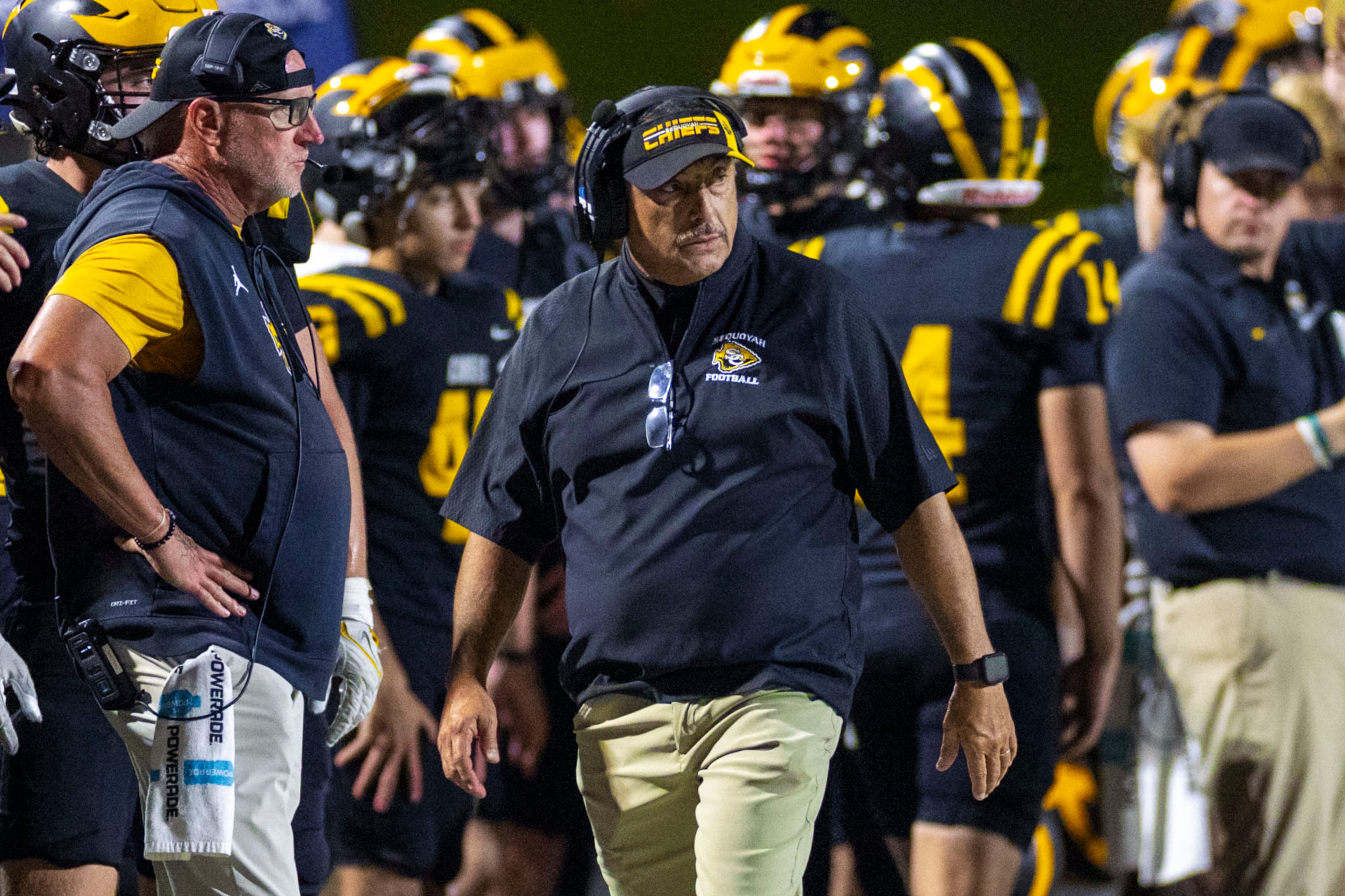 Sequoyah head coach James Teter looks on during the first half against Sprayberry at Skip Pope Stadium in Canton, GA on Friday, Sept. 12th, 2025. (Oscar Guevara Saenz for the Atlanta Journal Constitution)