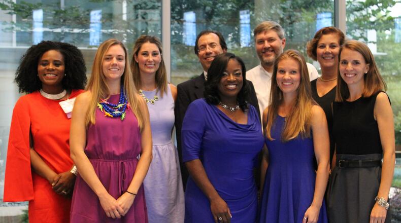 More than 245 teachers were nominated for the AJC Celebrating Teacher awards. These are the winners, who were honored tonight at an event at Cox headquarters. Winners are, from left, Cicely Lewis, Carrie Beth Rykowski, Margaret Garth, Robert Katz, Chelsea Cook, Jason Carr, Celeste McNeil Clark, Stephanie Spencer and Kara Cowdrick.