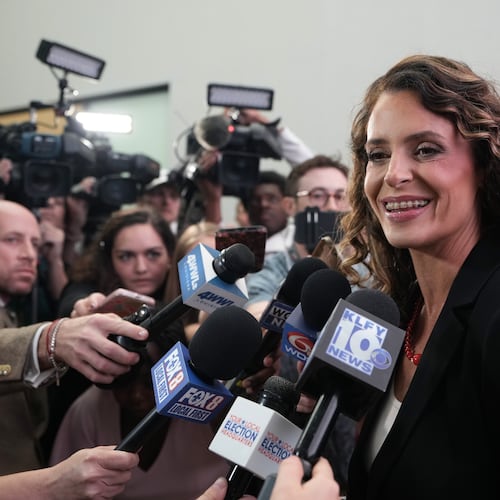 FILE - U.S. Senate candidate Rep. Julia Letlow, R-La., speaks to media during an election night watch party, May 16, 2026, in Baton Rouge, La. (AP Photo/Matthew Hinton, File)