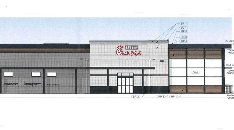 Architect’s drawing depicts the Truett’s Chick-fil-A that will replace a Dwarf House restaurant at 9728 Highway 92, Woodstock. CITY OF WOODSTOCK