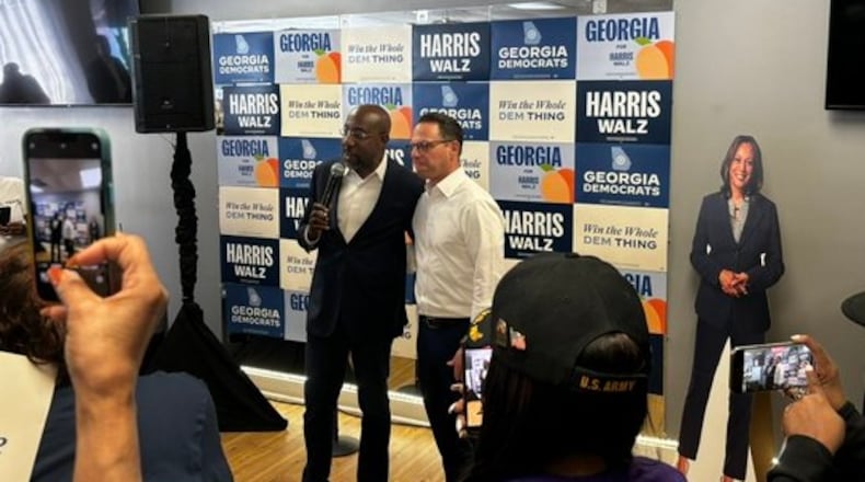 U.S. Sen. Raphael Warnock, D-Ga., and Pennsylvania Gov. Josh Shapiro campaign for Vice President Kamala Harris in Georgia on Sunday.