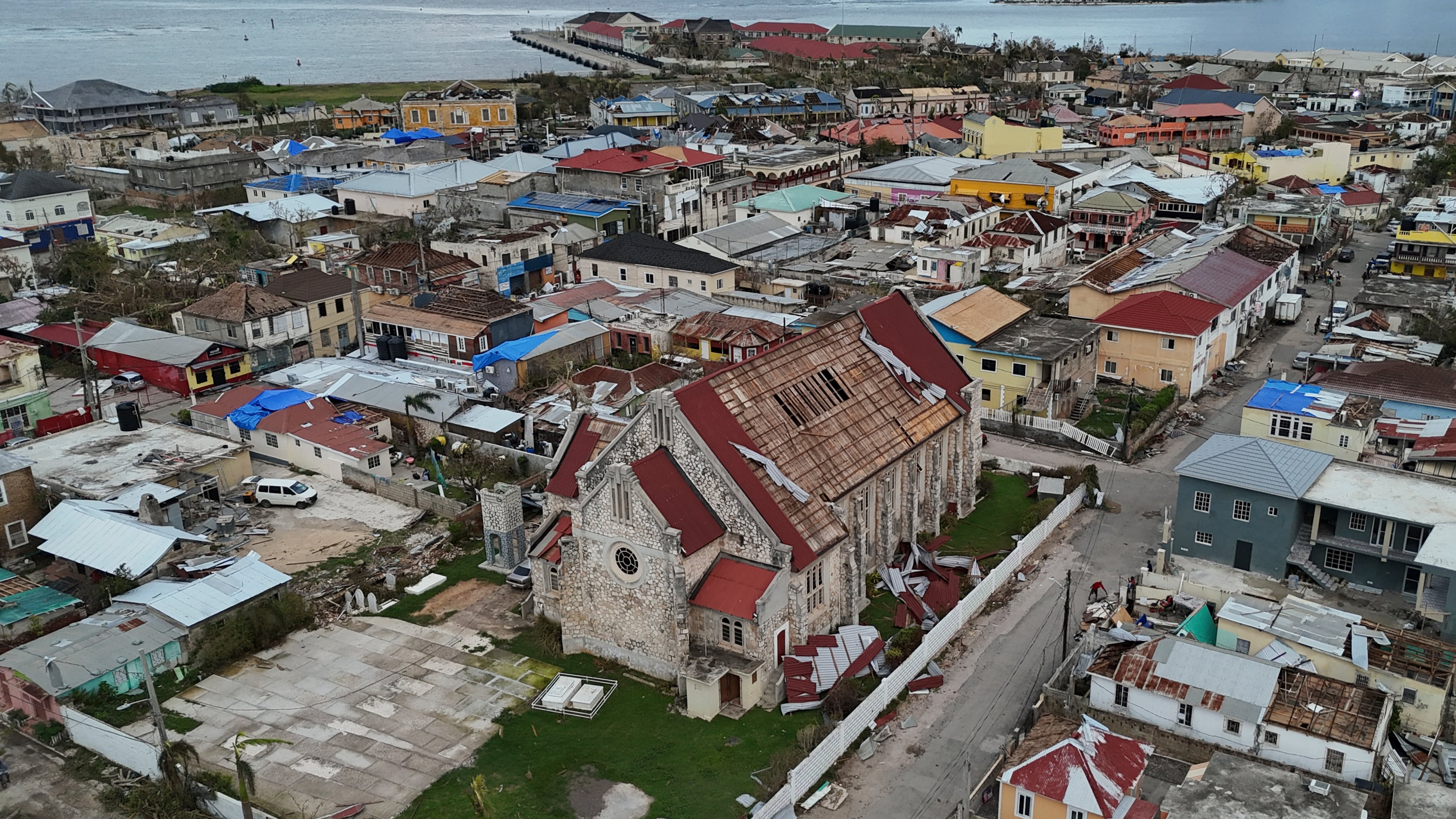 CORRECTS CITY - An aerial view of Falmouth, Jamaica, Friday, Oct. 31, 2025, in the aftermath of Hurricane Melissa. (AP Photo/Matias Delacroix)