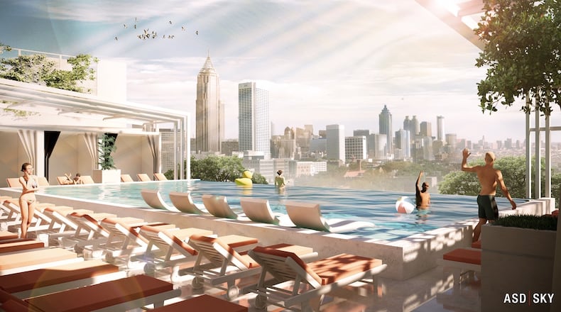 Rendering of infinity pool and rooftop lounge planned for The Interlock.