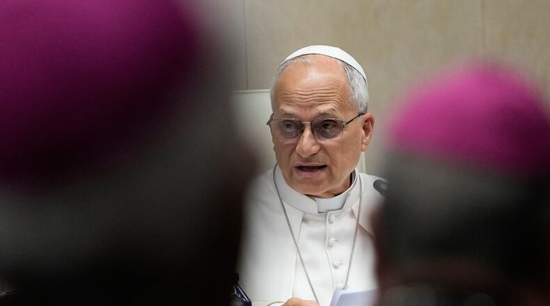 Pope Leo XIV meets with Spain's bishops at the Spanish Episcopal Conference, in Madrid, Monday, June 8, 2026. (AP Photo/Alessandra Tarantino)