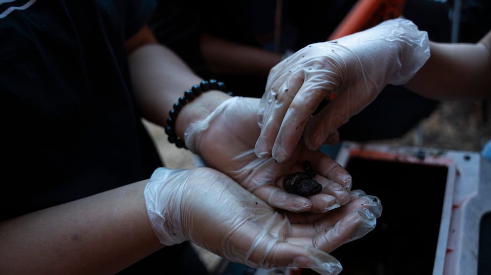 Seventh graders Addelynn Covingtree, Yadajah Gresham and Elissa Ramirez create compost for their Marietta Middle School garden as part of the Compost Connectors program on Monday, Nov. 17, 2025. (Olivia Bowdoin for the AJC)