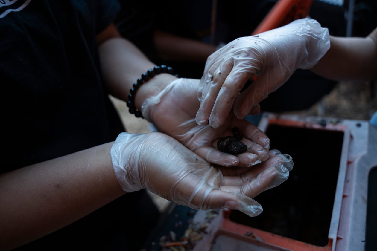 Seventh graders Addelynn Covingtree, Yadajah Gresham and Elissa Ramirez create compost for their Marietta Middle School garden as part of the Compost Connectors program on Monday, Nov. 17, 2025. (Olivia Bowdoin for the AJC)