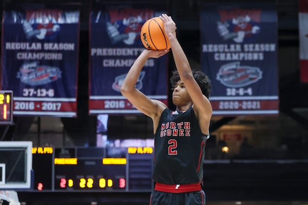North Oconee guard Justin Wise attempts a three point shot during the second half against Pace Academy in the GHSA Boys 4A State Championship at the Macon Centreplex, Thursday, March, 6, 2025, in Macon, Ga. North Oconee won 60-51. (Jason Getz/AJC)