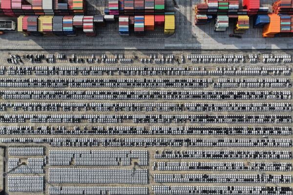 New Volvo vehicles waiting for shipment at the Yangtze port, in Nanjing city in east China's Jiangsu province, Wednesday, April 9, 2025. (Chinatopix Via AP)