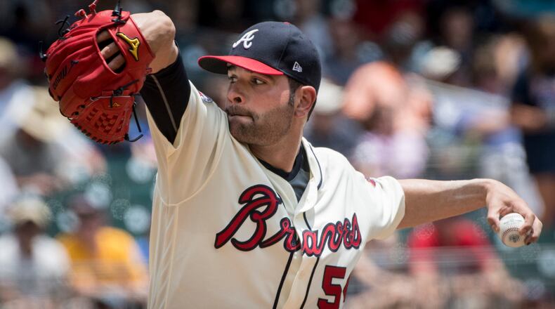 Atlanta Braves ' Jaime Garcia pitches against the New York Mets during the first inning of a baseball game, Sunday, June 11, 2017, in Atlanta. (AP Photo/John Amis)