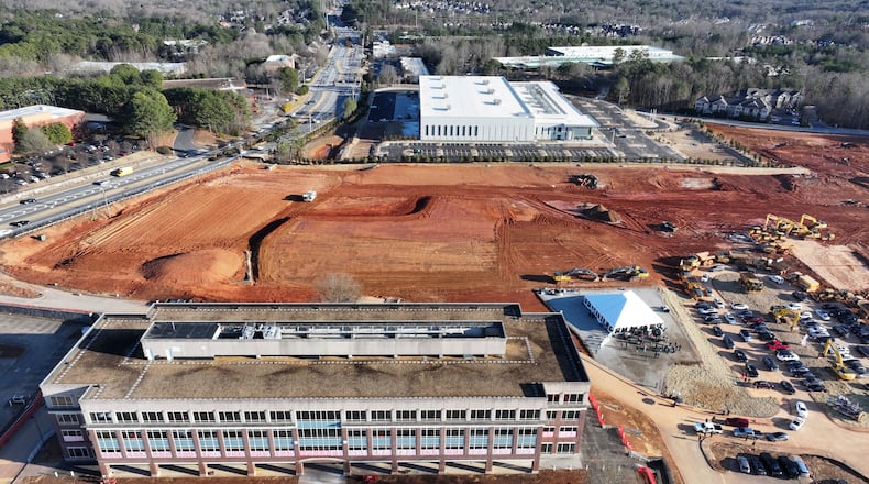 An aerial photo shows the site of the Medley mixed-use development on Wednesday, Jan. 15, 2025, in Johns Creek. The $560 million project aims to redefine suburban Johns Creek’s city center with a new hotel, office space, hundreds of housing units and a variety of shops and restaurants. (Hyosub Shin/AJC)