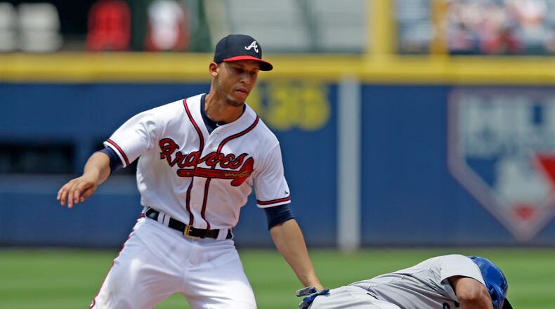 Braves shortstop Andrelton Simmons (19) tags Los Angeles Dodgers third baseman Alberto Callaspo (5) in a rundown during the seventh inning. (AP Photo/Butch Dill)