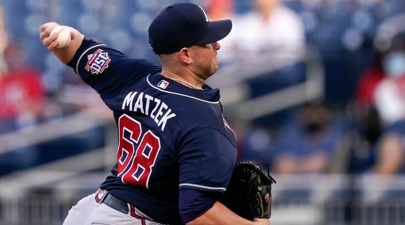 Braves relief pitcher Tyler Matzek throws to the Washington Nationals in the seventh inning of an opening day game at Nationals Park, Tuesday, April 6, 2021, in Washington. (Alex Brandon/AP)