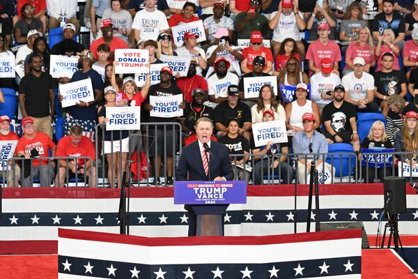 Former U.S. Sen. David Perdue spoke at a rally for Donald Trump in Atlanta in August.