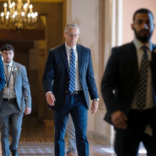 Senate Majority Leader John Thune, R-S.D., walks to the chamber from his office at the Capitol in Washington, Thursday, June 4, 2026. (AP Photo/J. Scott Applewhite)