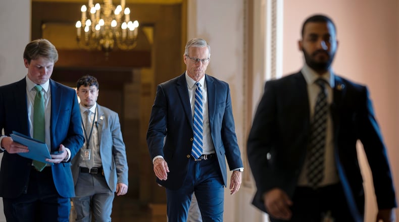 Senate Majority Leader John Thune, R-S.D., walks to the chamber from his office at the Capitol in Washington, Thursday, June 4, 2026. (AP Photo/J. Scott Applewhite)