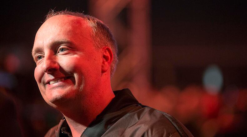 Atlanta United president Darren Eales is interviewed before the start of an Atlanta United uniform unveiling ceremony Friday, Feb. 15, 2019, at Mercedes-Benz Stadium in Atlanta.