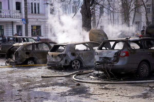 The city center in the aftermath of the Russia's missile attack that killed at least 21 civilians in Sumy, Ukraine, Sunday, April 13, 2025. (AP Photo)
