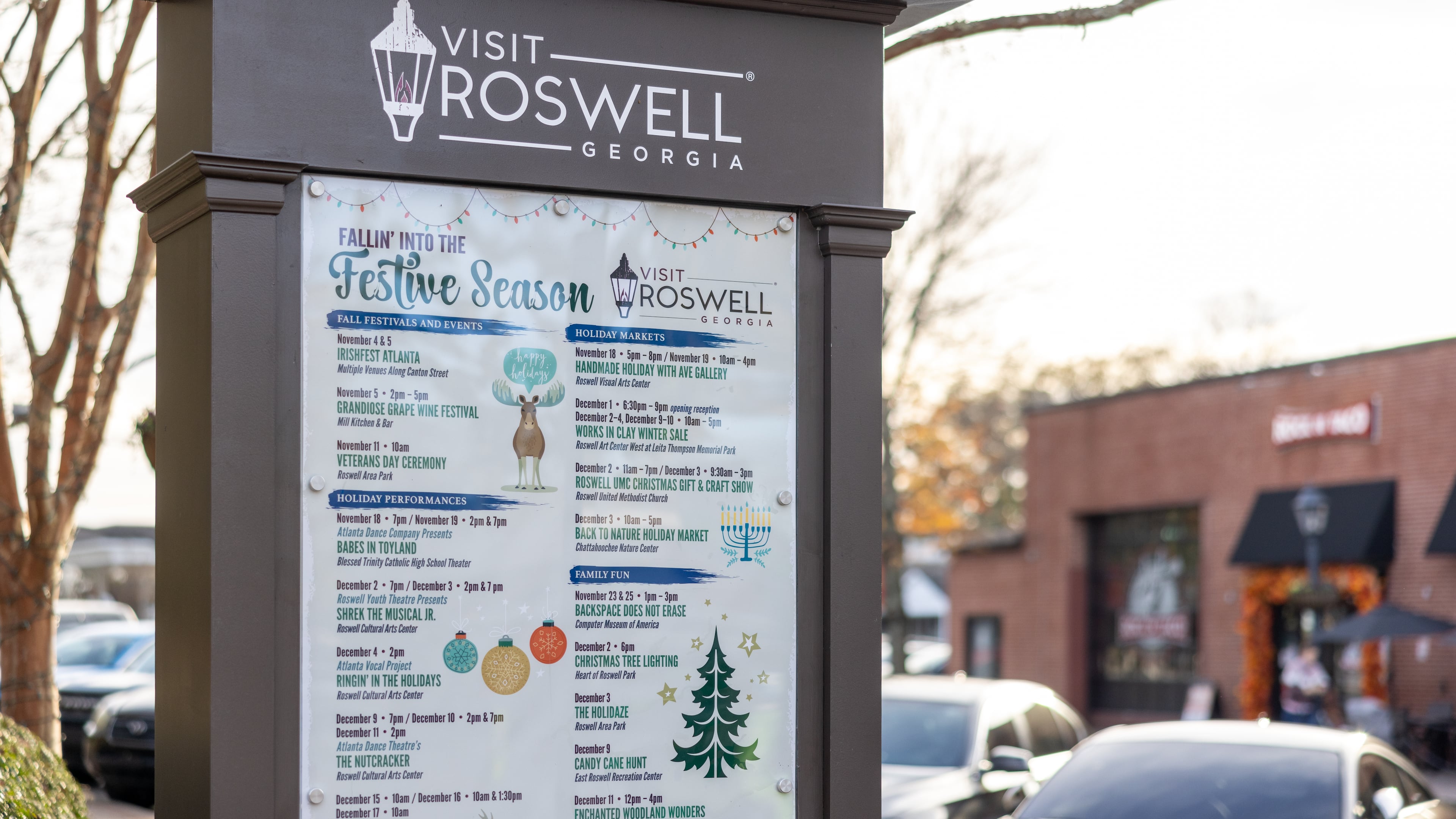 Downtown Roswell holiday event sign on Nov. 20, 2022. This election season already has been punctuated by some loud voices of dissatisfaction with city leadership. Meanwhile the current mayor, who is also running for reelection, says, "It’s just miserable, all the hate and made-up stories and false narratives." (Brandon McKeown/Access Atlanta)