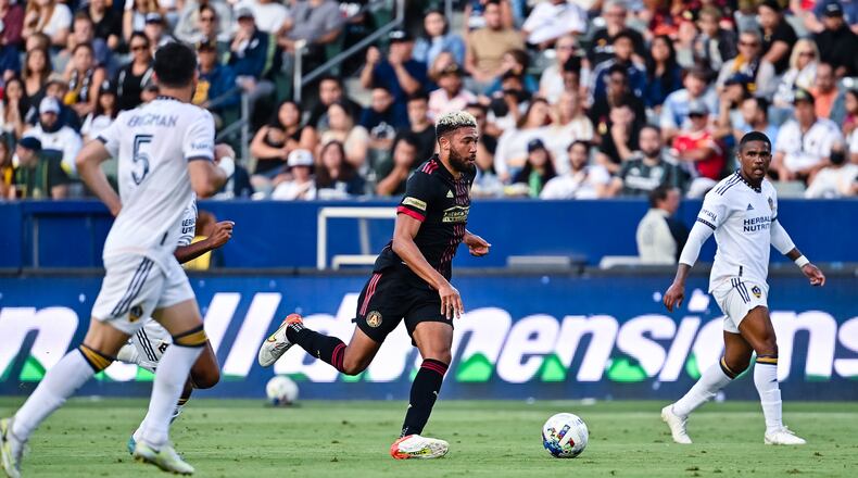 Atlanta United's George Campbell dribbles the ball during the first half of the match against the L.A. Galaxy on Sunday night in Carson, Calif. (Photo by Dakota Williams/Atlanta United)