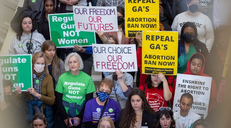 Legislators and members of reproductive rights group Amplify Atlanta at the Georgia Capitol on Jan. 24, 2023. (Arvin Temkar/The Atlanta Journal-Constitution)