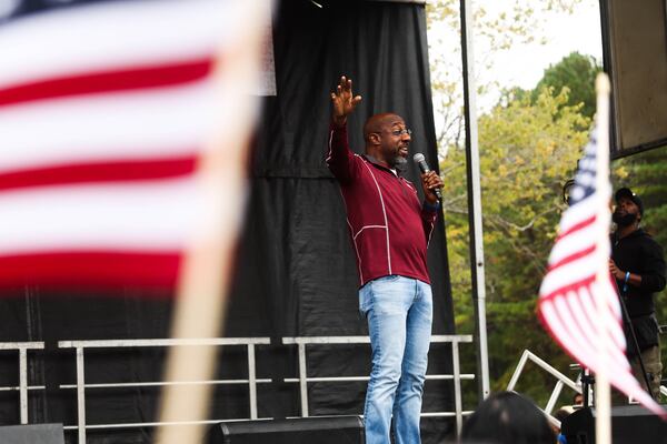 U.S. Sen. Raphael Warnock spoke during a “No Kings” rally at the Atlanta Civic Center in October 2025. (Abbey Cutrer/AJC)
