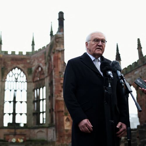 Germany's President Frank-Walter Steinmeier speaks to the media on the grounds of the old Coventry Cathedral, in Coventry, England, Friday, Dec. 5, 2025, on the final day of the state visit to the UK. (Hannah McKay/Pool Photo via AP)