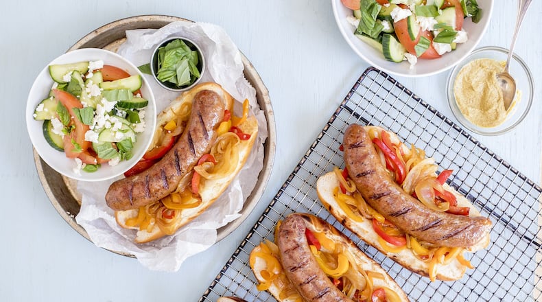 The meal kit for these grilled brats with caramelized peppers and onion features bratwurst from Avondale Estate’s Pine Street Market, made with pork from Riverview Farm in Ranger. C