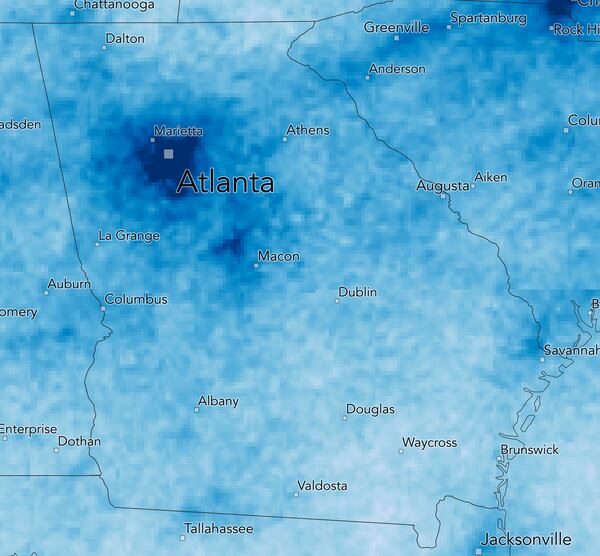 A satellite image shows levels of NO2 in the metro Atlanta area from March 11 - 31, 2019. Credit: Descartes Labs