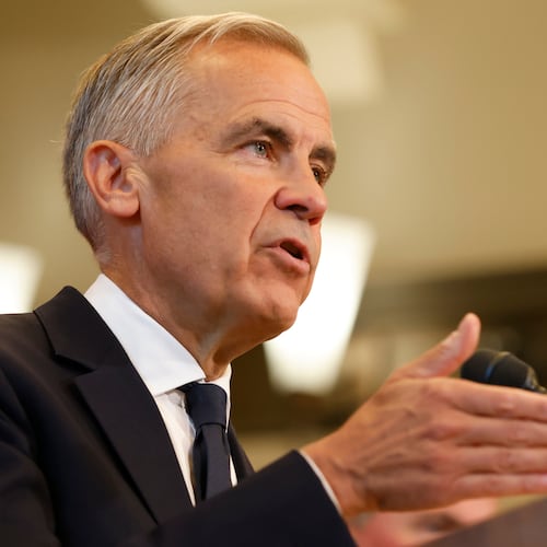 Prime Minister Mark Carney speaks about Canada's response to new U.S. tariffs during a news conference on Parliament Hill in Ottawa on Saturday, Aug. 22, 2026. (Patrick Doyle/The Canadian Press via AP)