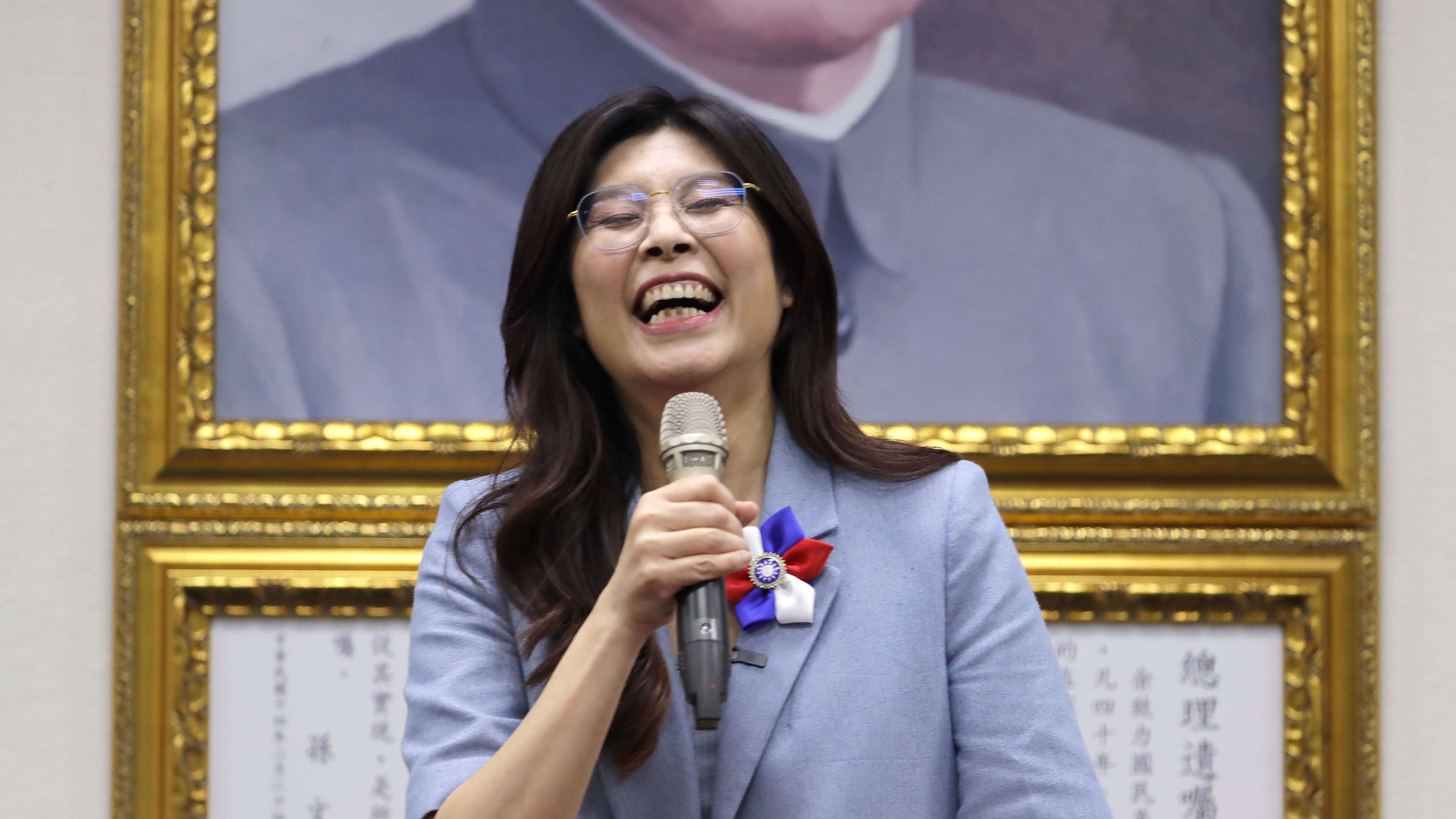 Cheng Li-wun react to medias after winning in the Kuomintang (KMT, Nationalist Party) chairman election in Taipei, Taiwan, Saturday, Oct. 18, 2025. (AP Photo/Chiang Ying-ying)