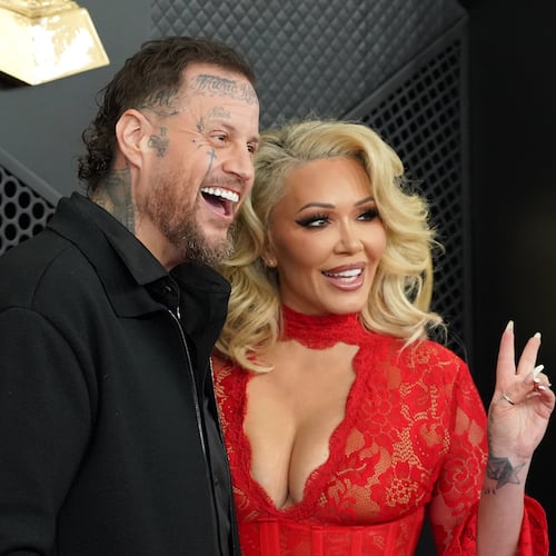 FILE - Jelly Roll, left, and Bunnie XO arrive at the 68th annual Grammy Awards, Feb. 1, 2026, in Los Angeles. (Photo by Jordan Strauss/Invision/AP, File)