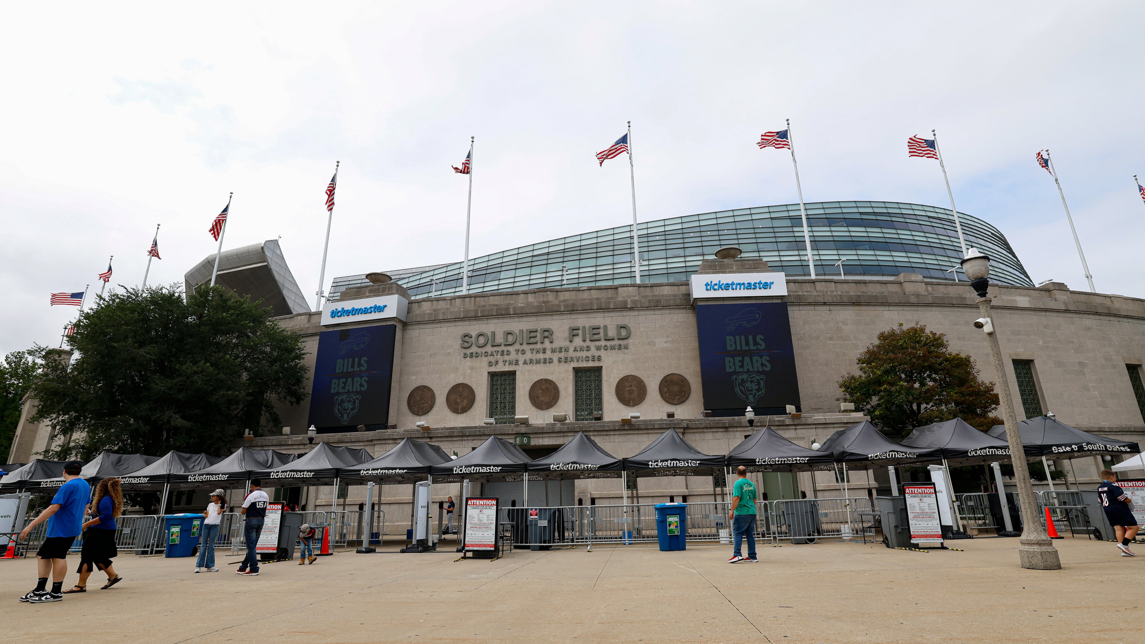 FILE - A general exterior view of Soldier Field is seen prior to an NFL preseason football game, Aug. 17, 2025, in Chicago. (AP Photo/Kamil Krzaczynski, File)