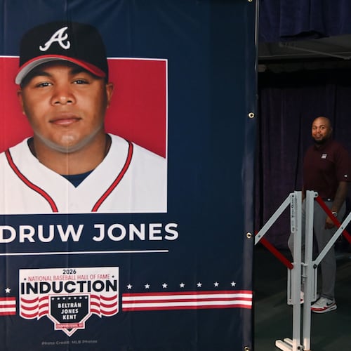 Andruw Jones prepares to speak to members of the media at the Clark Sports Center on Saturday, July 25, 2026, in Cooperstown, N.Y. Jones was inducted into the National Baseball Hall of Fame on Sunday as part of the Class of 2026, alongside Carlos Beltrán and Jeff Kent. (Hyosub Shin/AJC)