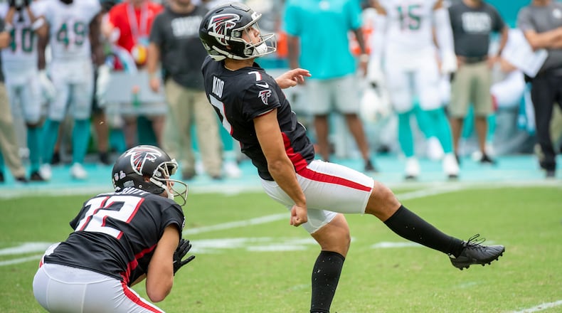 In addition to signing kicker Younghoe Koo (right) to a five-year, $24.25 million contract, the Falcons put a $2.4 million right-of-first-refusal tender on backup wide receiver Olamide Zaccheaus. (Doug Murray/AP)