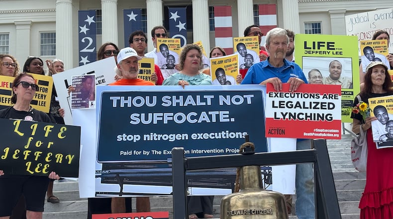 Protesters gather outside the Capitol in Montgomery, Ala., on Monday, June 8, 2026, to oppose an upcoming execution in Alabama. (AP Photo/Kim Chandler)