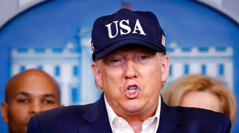 President Donald Trump speaks during briefing on coronavirus in the Brady press briefing room at the White House, Saturday, March 14, 2020, in Washington. (AP Photo/Alex Brandon)