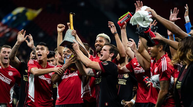 Atlanta United players celebrate after the match against Pachuca on Tuesday night at Mercedes-Benz Stadium. (Photo by AJ Reynolds/Atlanta United)