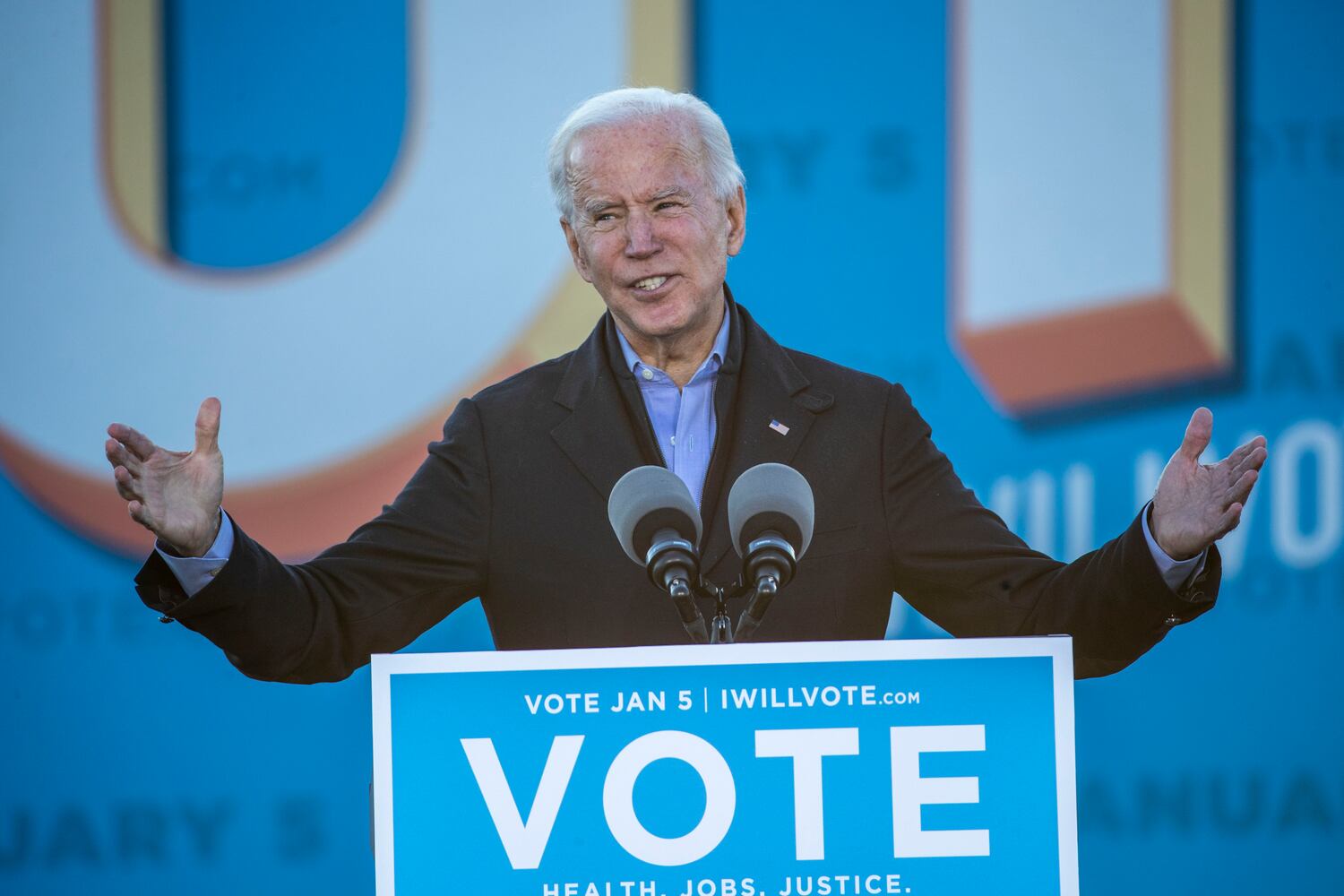 01/04/2021 — Atlanta, Georgia — President-elect Joe Biden makes remarks during a campaign rally for U.S. Senate Democrat candidates Rev. Raphael Warnock and Jon Ossoff in Atlanta’s Summerhill neighborhood, Monday, January 4, 2021. (Alyssa Pointer / Alyssa.Pointer@ajc.com)