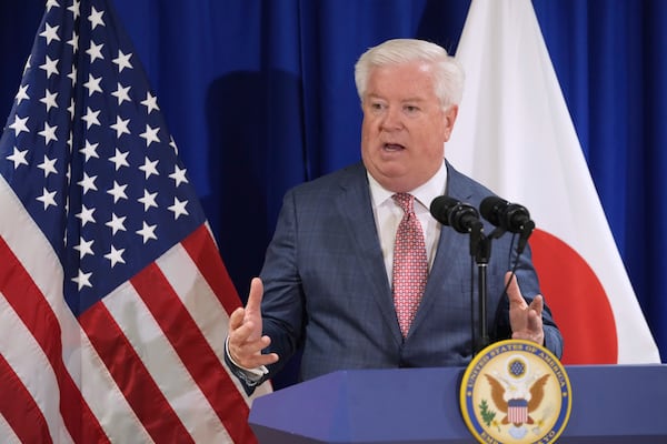 New U.S. Ambassador to Japan George Glass answers questions from journalists at a press conference after his arrival in Tokyo Friday, April 18, 2025. (Kazuhiro Nogi/Pool Photo via AP)