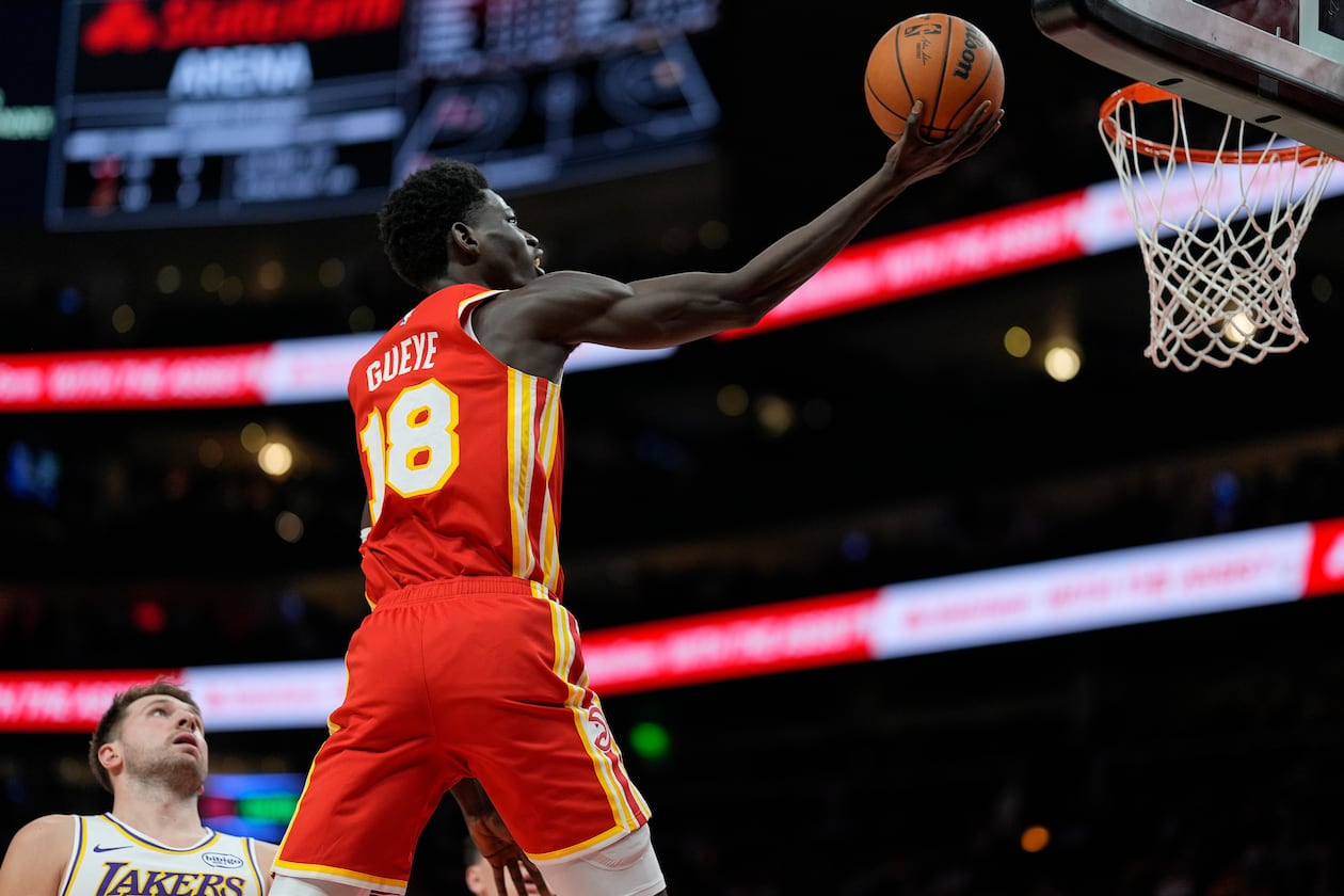 Atlanta Hawks forward Mouhamed Gueye had a career night in a 122-102 win over the Lakers, scoring a career-high 21 points and adding seven rebounds. (Mike Stewart/AP)
