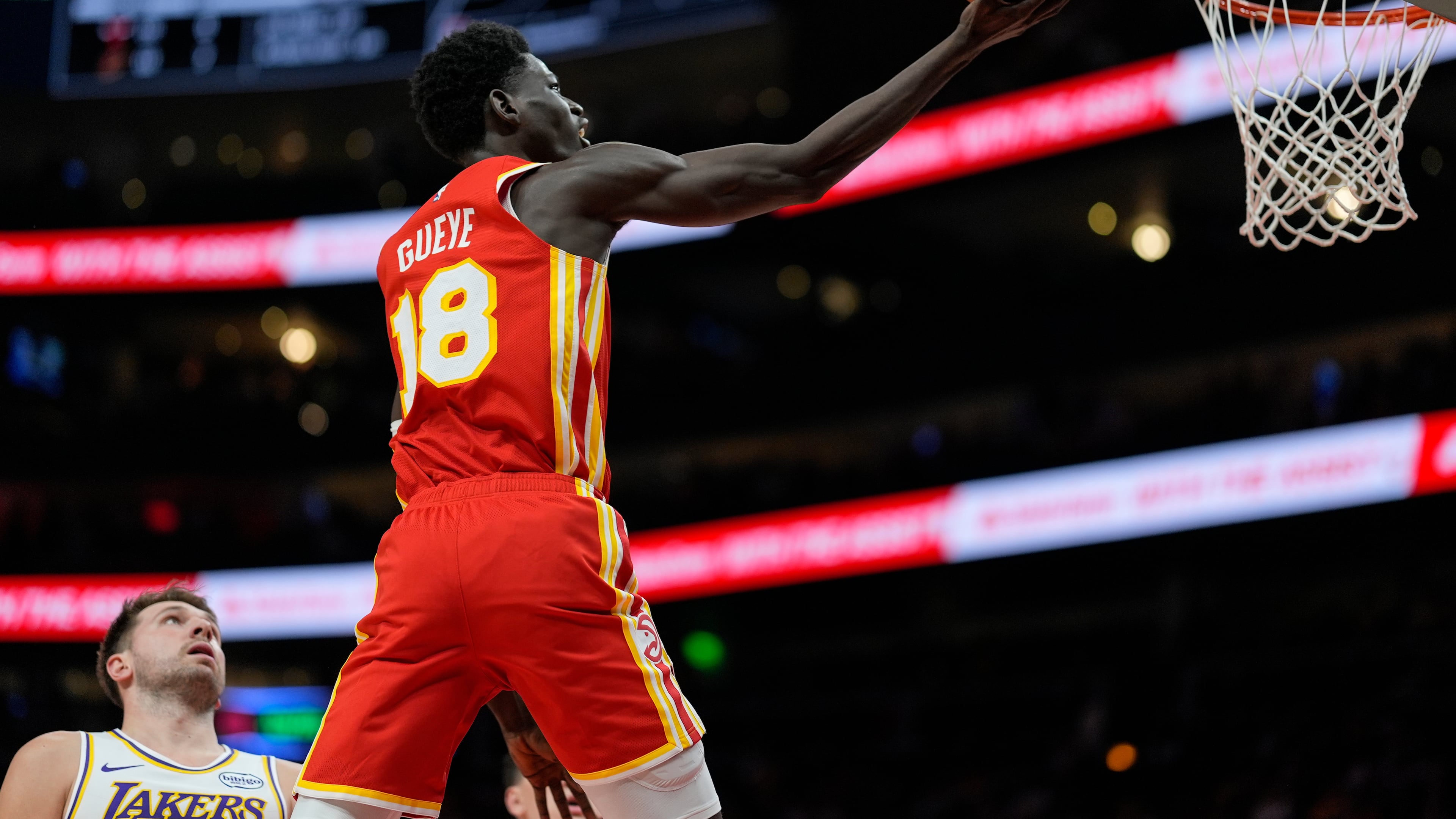 Atlanta Hawks forward Mouhamed Gueye had a career night in a 122-102 win over the Lakers, scoring a career-high 21 points and adding seven rebounds. (Mike Stewart/AP)