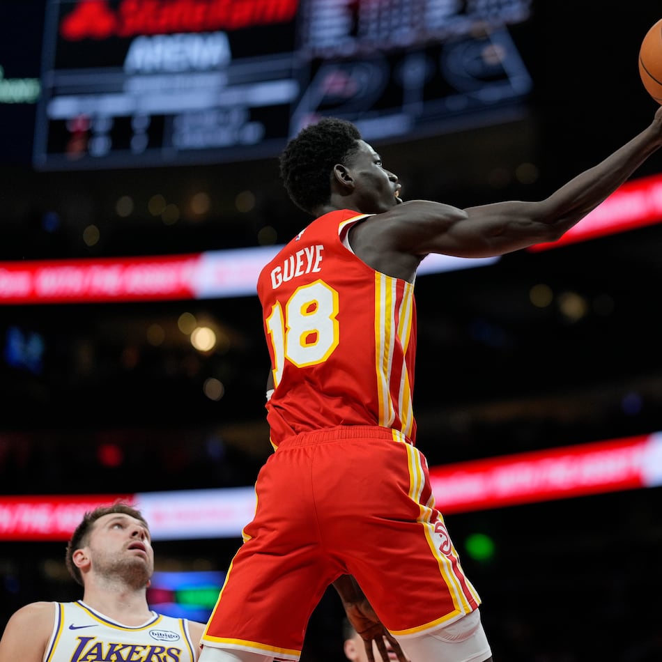 Atlanta Hawks forward Mouhamed Gueye had a career night in a 122-102 win over the Lakers, scoring a career-high 21 points and adding seven rebounds. (Mike Stewart/AP)