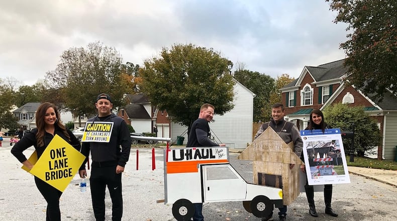 Five Smyrna residents dressed up as components of incidents involving drivers who ignored warning signs and crashed into metal beams protecting the Concord Road covered bridge in Cobb County.