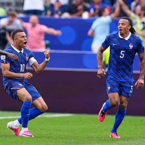 France's Kylian Mbappe (10) celebrates after scoring his team's first goal during the World Cup Group I soccer match between France and Iraq in Philadelphia, Monday, June 22, 2026. (AP Photo/Petr David Josek)
