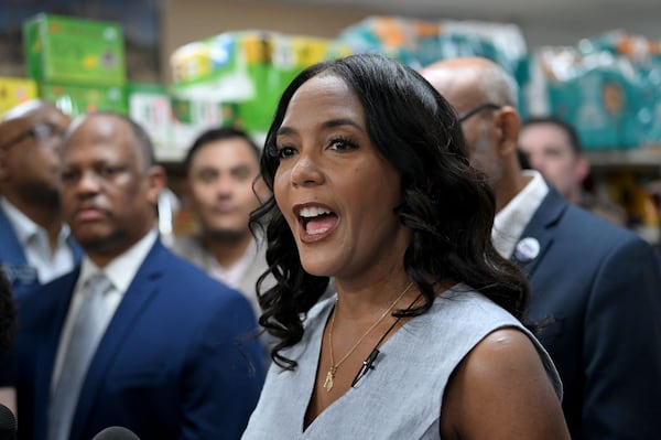 Keisha Lance Bottoms, the Democratic nominee for governor, speaks at Al Huda Grocery on Wednesday, Sept. 2, 2026, in Lawrenceville. The former Atlanta mayor, putting affordability at the center of her campaign for governor, outlined a proposal that would let Georgia cities and counties suspend sales taxes on groceries. (Hyosub Shin/AJC)