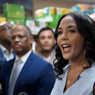 Keisha Lance Bottoms, the Democratic nominee for governor, speaks during a news conference on Wednesday unveiling a proposal to suspend sales taxes on groceries at Al Huda Grocery in Lawrenceville. (Hyosub Shin/AJC)
